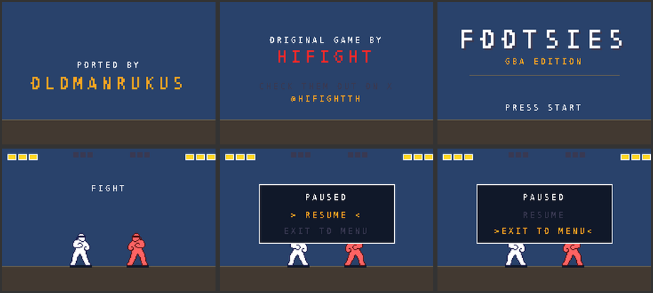 FOOTSIES on Game Boy Advance — title, fight and pause menu