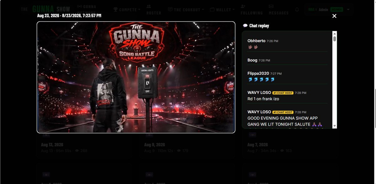 The Gunna Show live battle page — stream player alongside synchronised chat replay