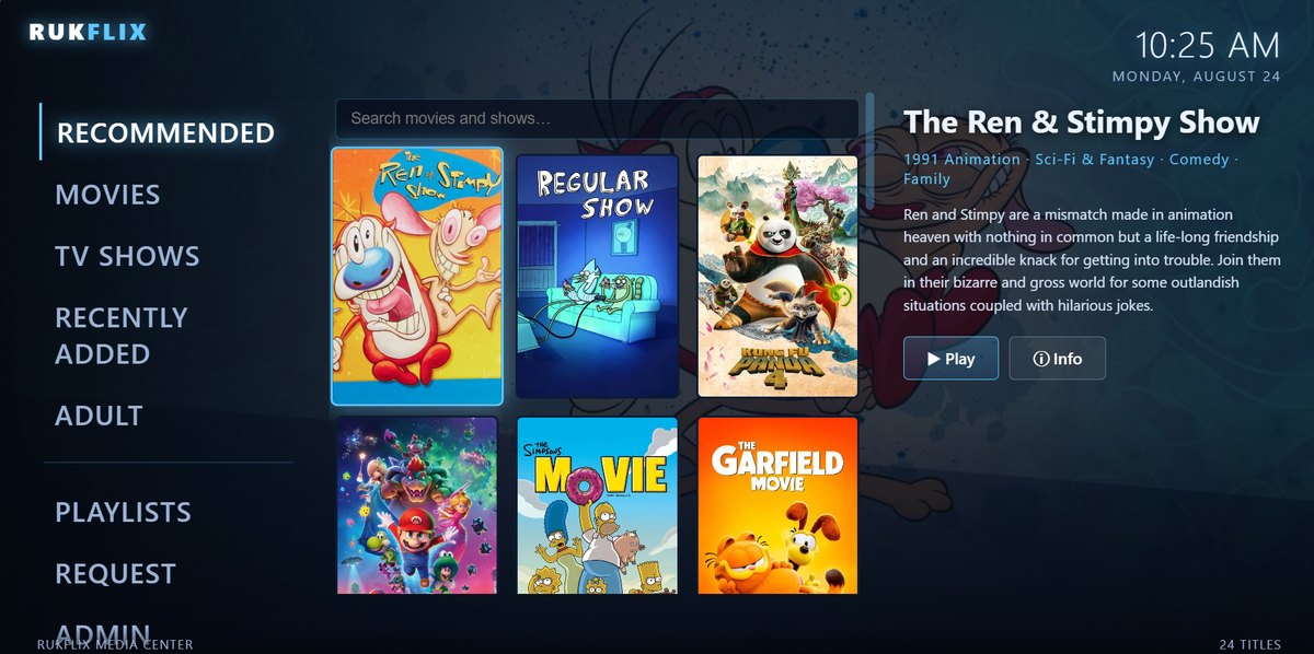 RukFlix media centre — recommended row with poster art and a title detail panel