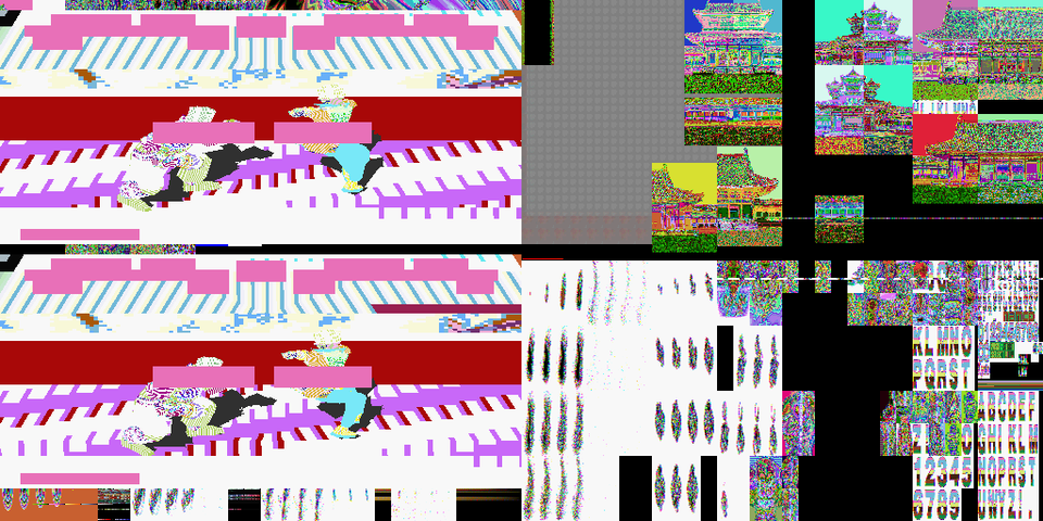Graphics memory dump showing decoded arcade stage textures and character art